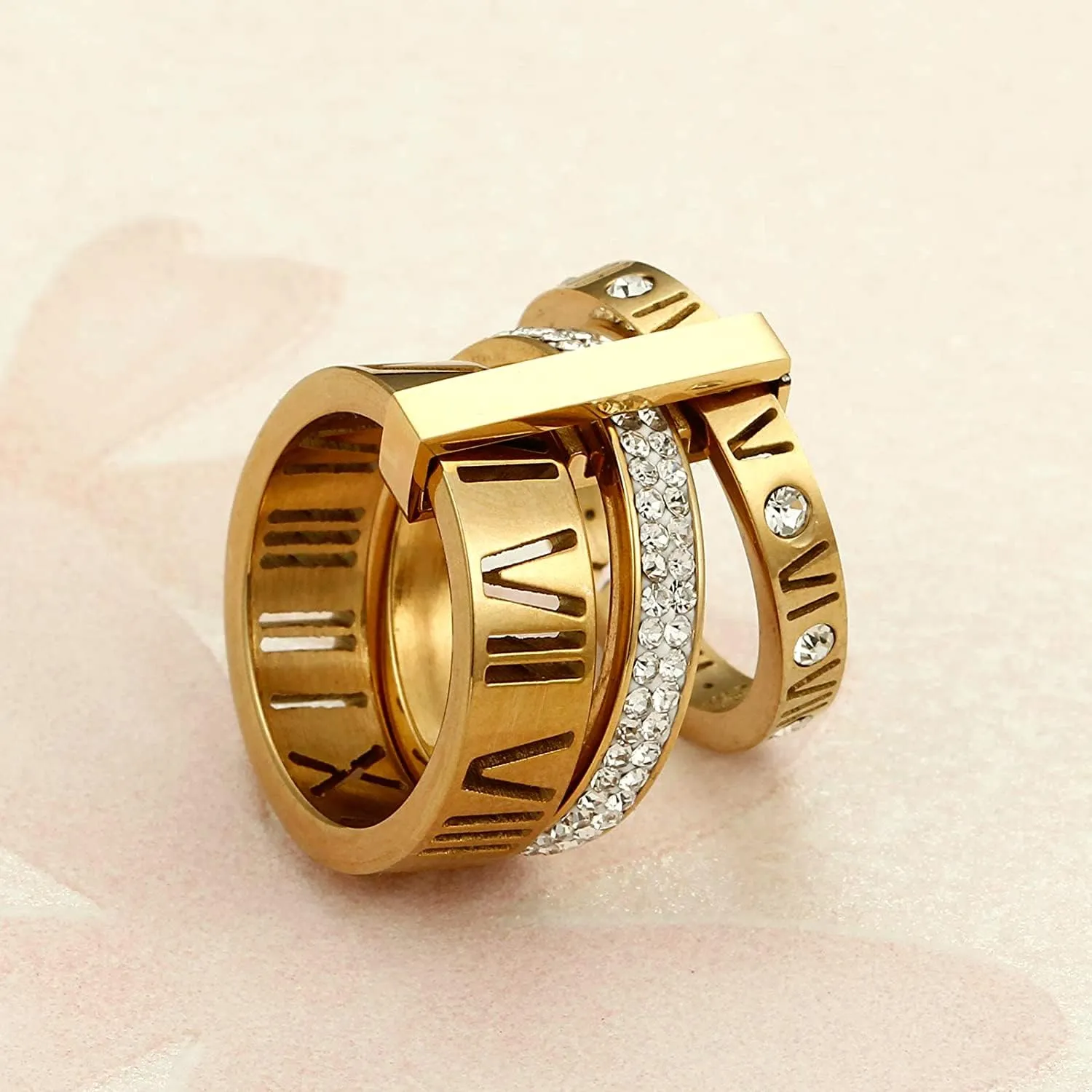 Stainless Steel CZ Zirconia Roman Numeral Ring For Women Stacking Thumb 3 in 1 Spinner Rings