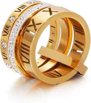Stainless Steel CZ Zirconia Roman Numeral Ring For Women Stacking Thumb 3 in 1 Spinner Rings
