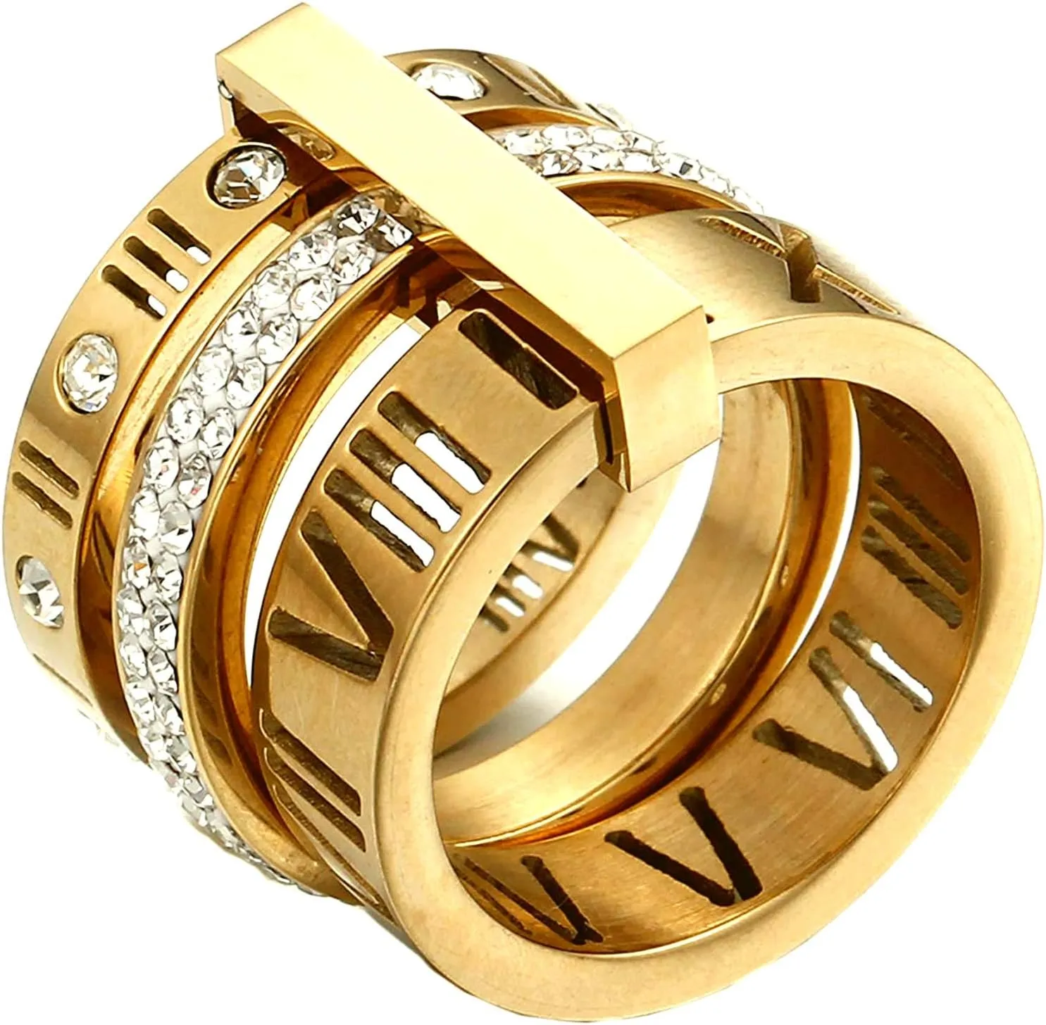 Stainless Steel CZ Zirconia Roman Numeral Ring For Women Stacking Thumb 3 in 1 Spinner Rings