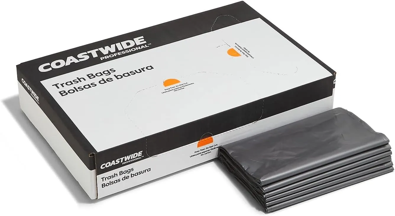 STAPLES COASTWIDE 814894 Trash Bags 40-45 Gallon 39X47 Low Density 1.7 Mil Silver 50 Ct