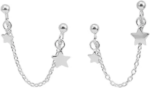 Star Double Piercing Tassel Chain Drop Dangle Cartilage Ball Bead Stud Earrings for Women 925 Sterling Silver Double Stars 2 Hole Helix Tragus Post Pin Fashion Cute Birthday Christmas Easter Jewelry Gifts