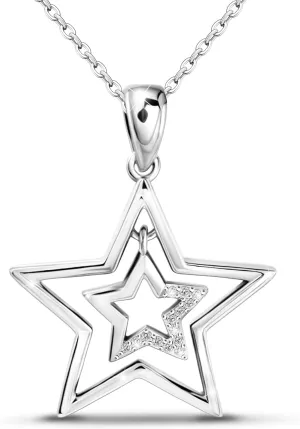 Star Necklace for Women Girls Teens - Sterling Silver Double Star Pendant Necklace Hypoallergenic Cubic Zirconia Hollow Necklace Adjustable Stars Charm Necklace Gifts for Christmas Birthday
