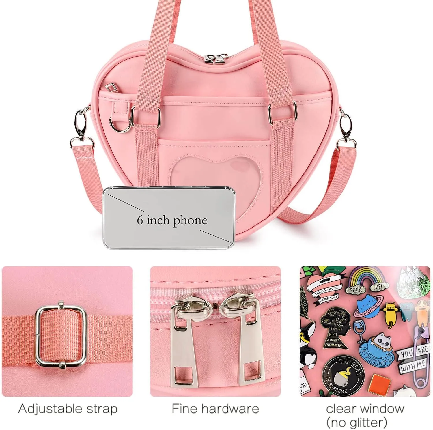 STEAMEDBUN Ita Bag Crossbody Heart Shaped Purse for Anime Pins Display