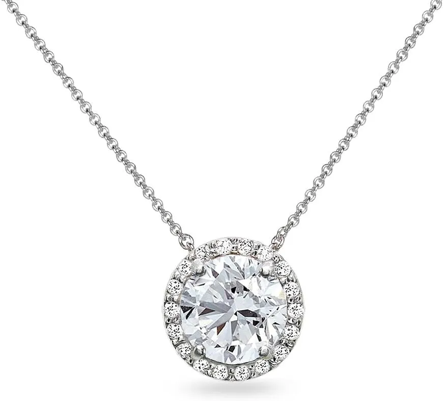 Sterling Silver 8mm Round Synthetic White Sapphire Halo Slide Pendant Necklace for Women