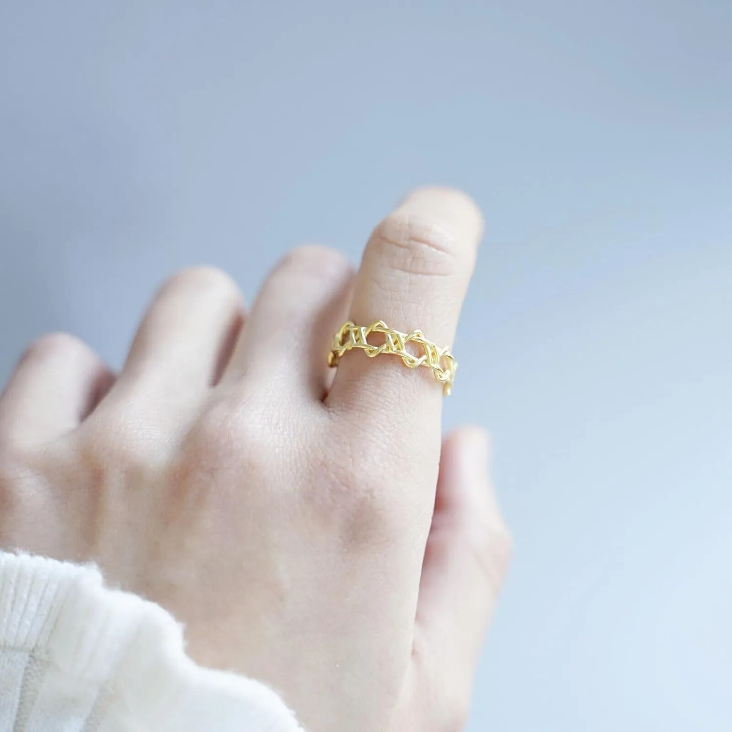 Sterling Silver Linked Hollow Star of David Hex Stars Open Band Ring 4 Finishes Rhodium Oxidized Silver 18K Gold Rose Gold