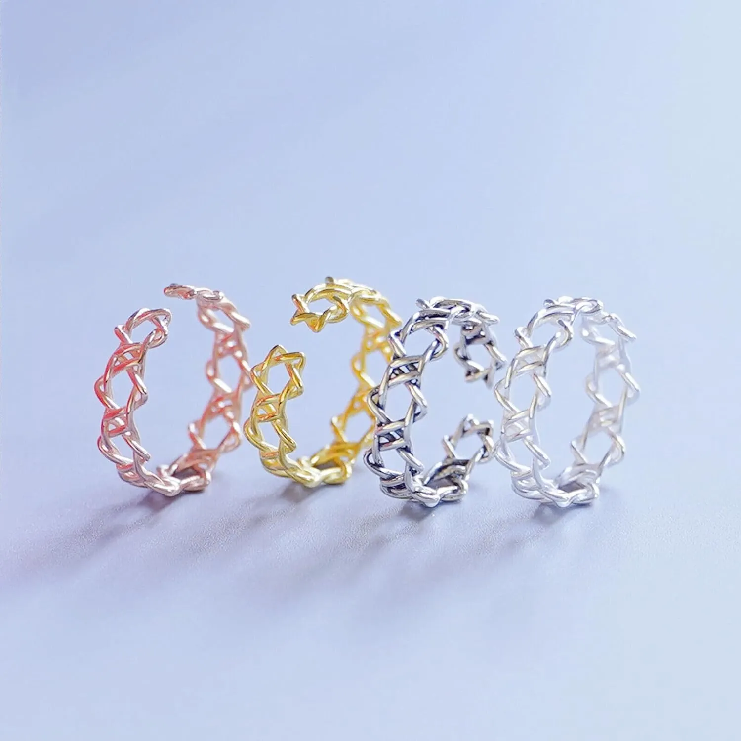 Sterling Silver Linked Hollow Star of David Hex Stars Open Band Ring 4 Finishes Rhodium Oxidized Silver 18K Gold Rose Gold
