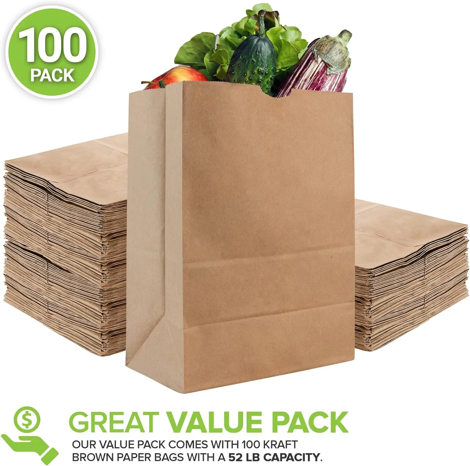 Stock Your Home 52 Lb Kraft Brown Paper Bags (100 Count) - Kraft Brown Paper Grocery Bags Bulk - Large Paper Bags for Grocery Shopping