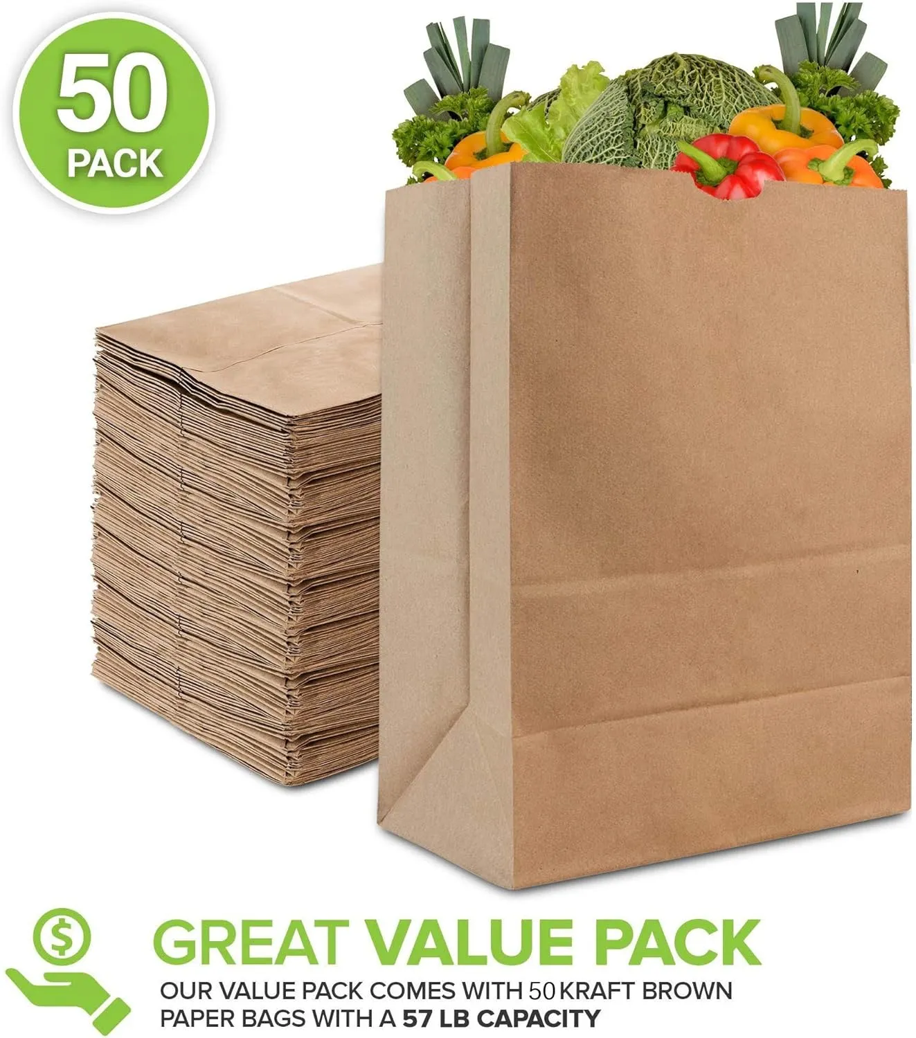 Stock Your Home 57 Lb Kraft Paper Bag (50 Count) Heavy Duty, Large Brown Paper Grocery Bags for Food Shopping, Recycling, Trash, Bulk Pack Size