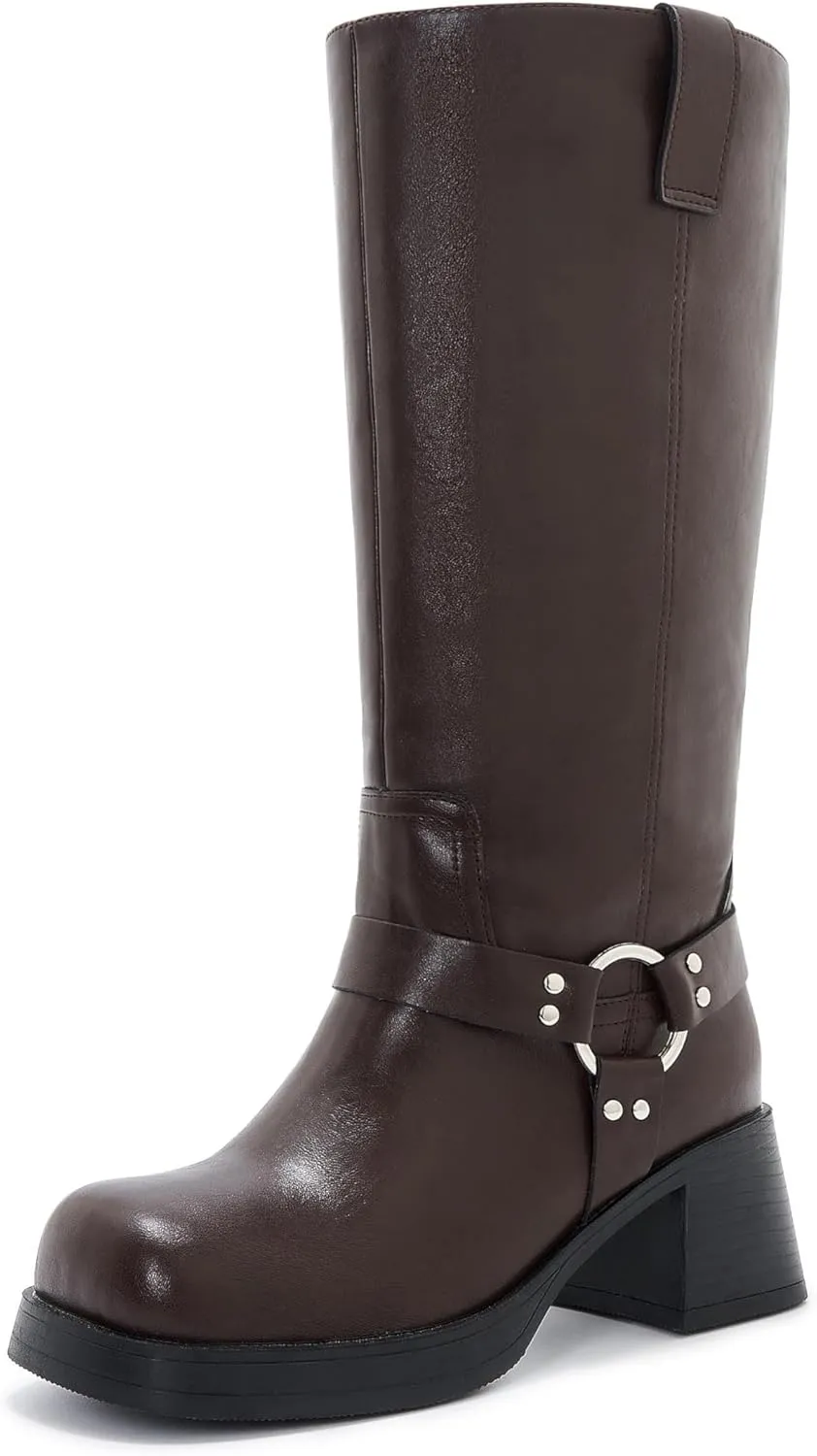 Studds Biker Boots for Women Chunky Heel Square Toe Suede Mid Calf Boot with Side Zipper Western Riding Boots