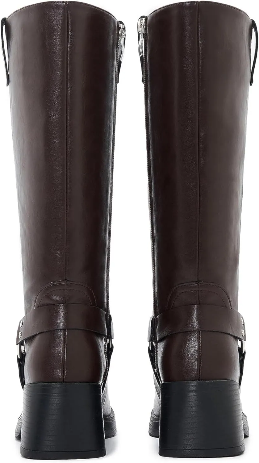 Studds Biker Boots for Women Chunky Heel Square Toe Suede Mid Calf Boot with Side Zipper Western Riding Boots