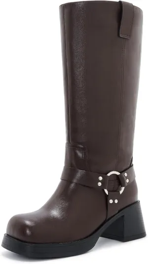 Studds Biker Boots for Women Chunky Heel Square Toe Suede Mid Calf Boot with Side Zipper Western Riding Boots