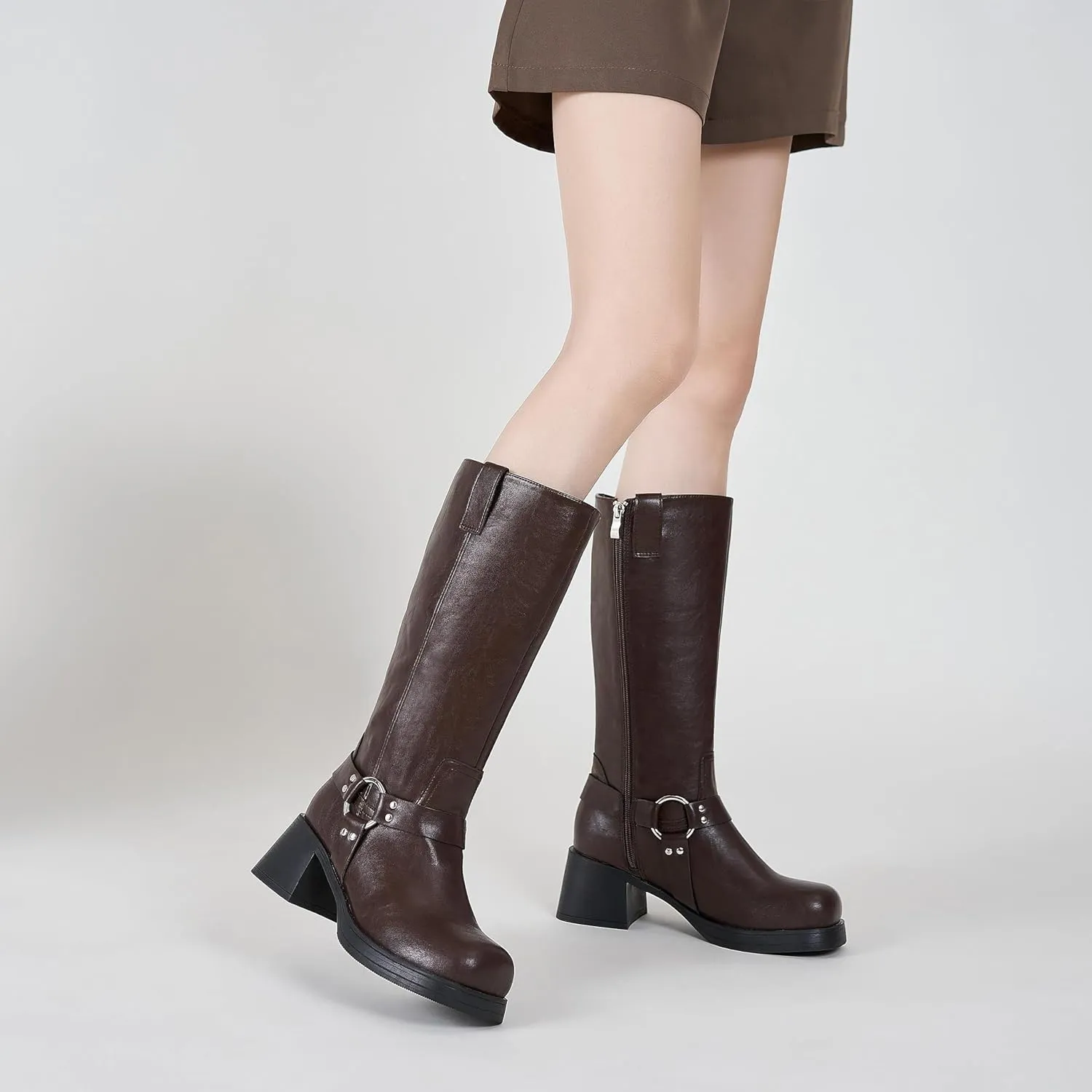 Studds Biker Boots for Women Chunky Heel Square Toe Suede Mid Calf Boot with Side Zipper Western Riding Boots