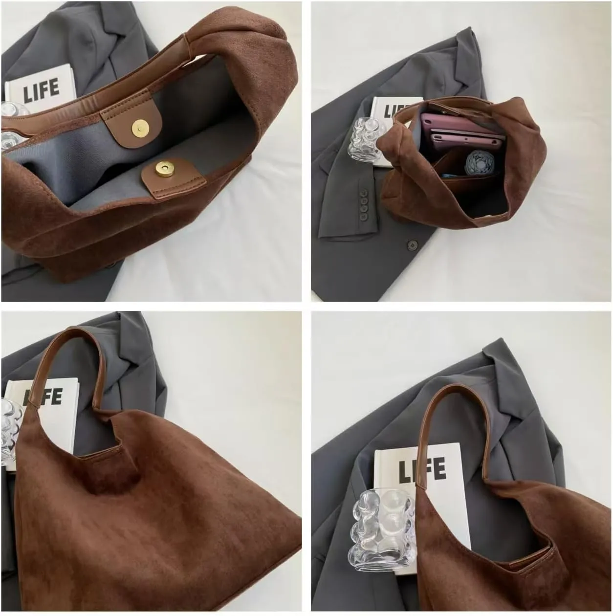 Suede Hobo Bags for Women - Retro Slouchy Office Shoulder Top-handle Tote Handbags