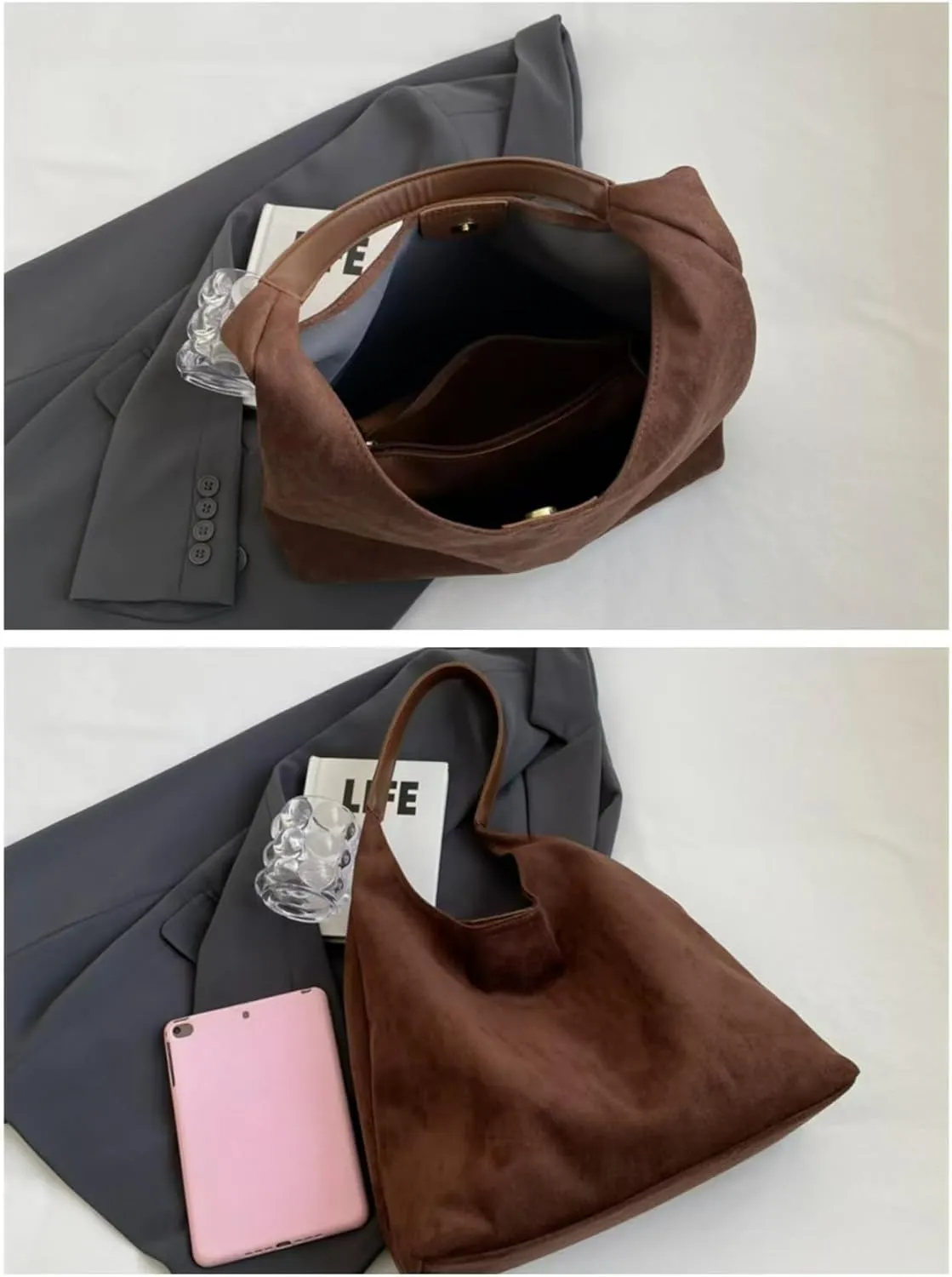 Suede Hobo Bags for Women - Retro Slouchy Office Shoulder Top-handle Tote Handbags