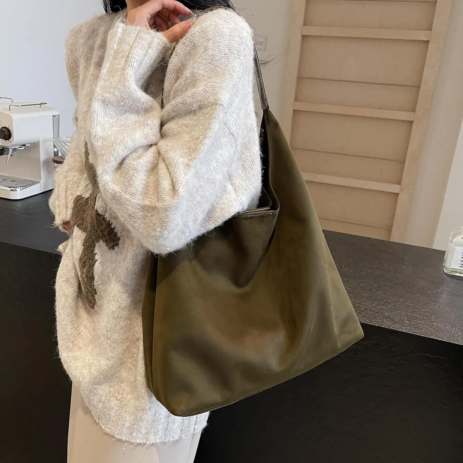 Suede Tote Bag, Brown Slouchy Suede Bags for Womens Tote Bag Work Purses Crescent Bag Suede Handbag Travel Winter Fall