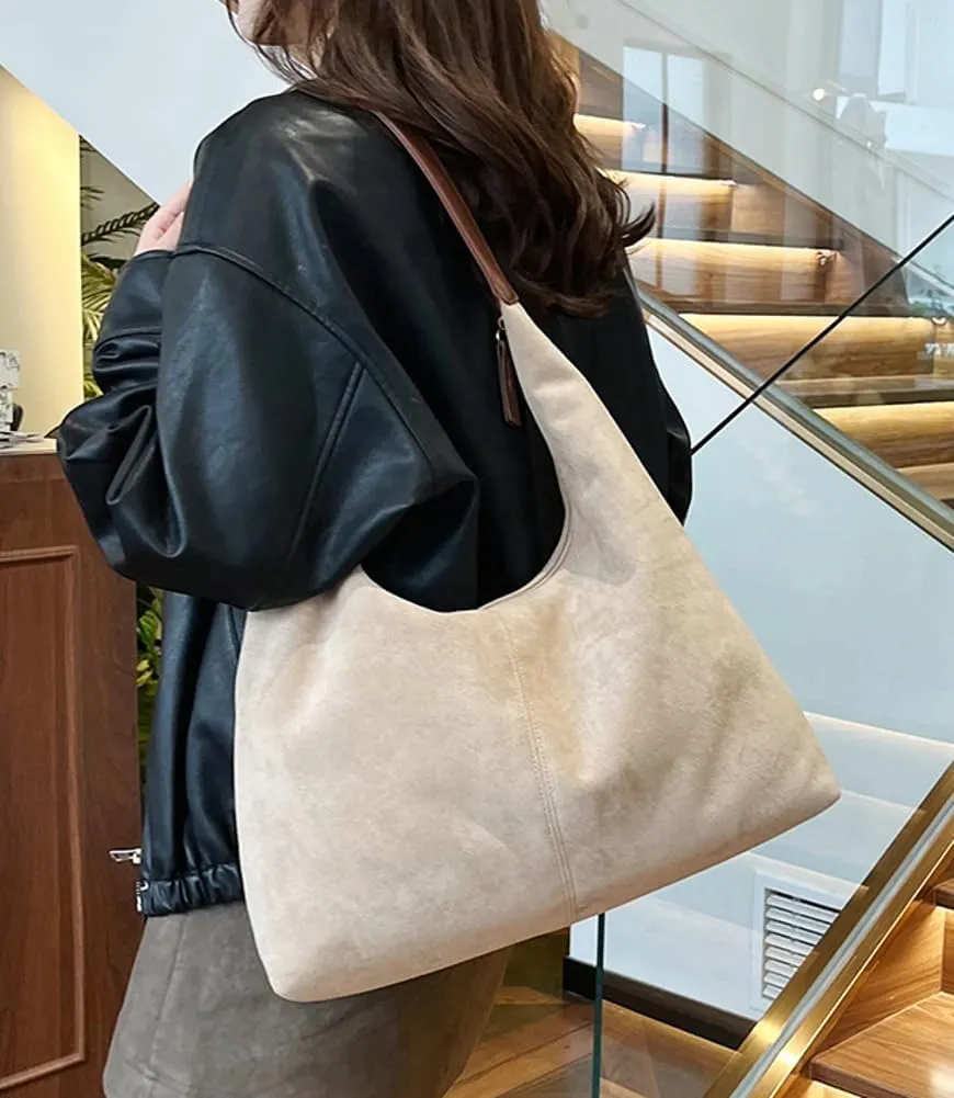 Suede Tote Bag for Women Shoulder Bag Retro Handbags Soft Satchel Stylish Large Two-piece Purse Work Travel
