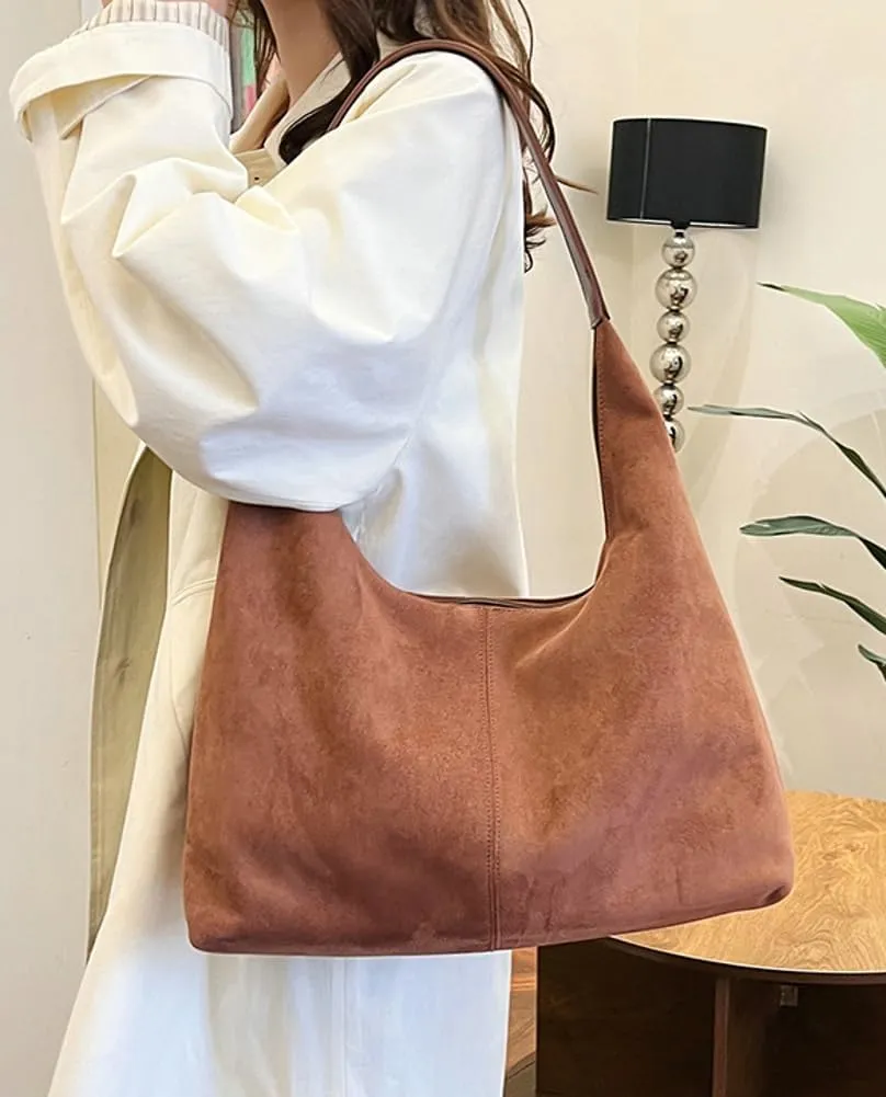 Suede Tote Bag for Women Shoulder Bag Retro Handbags Soft Satchel Stylish Large Two-piece Purse Work Travel
