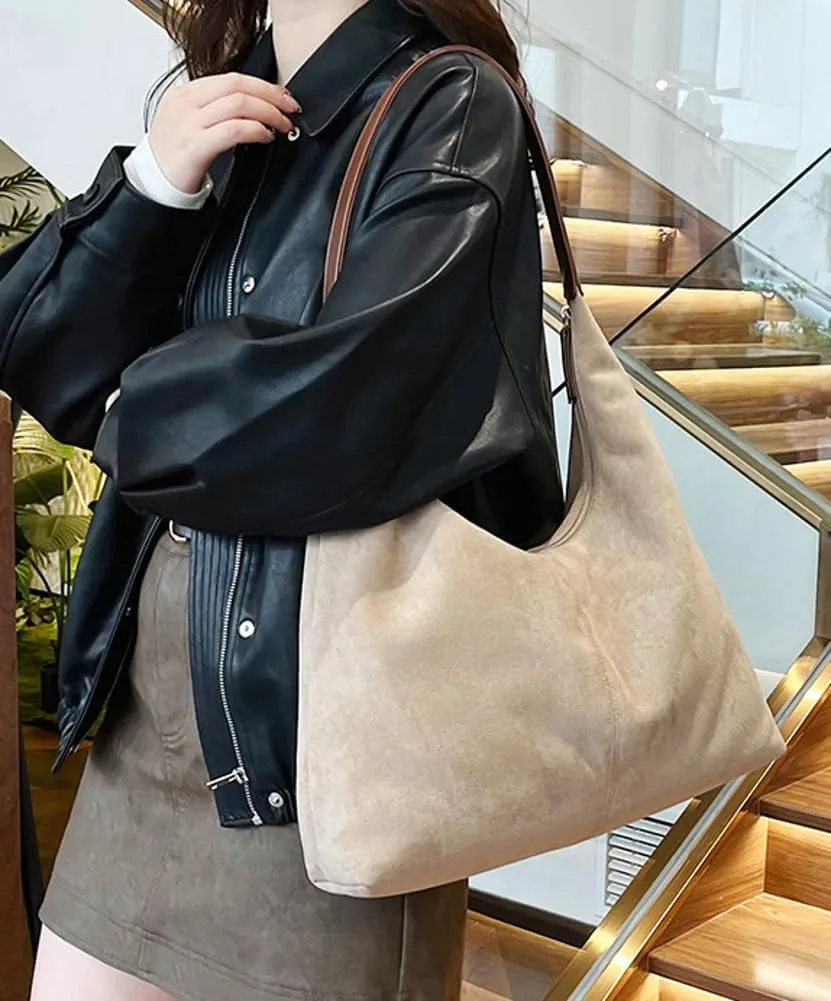 Suede Tote Bag for Women Shoulder Bag Retro Handbags Soft Satchel Stylish Large Two-piece Purse Work Travel
