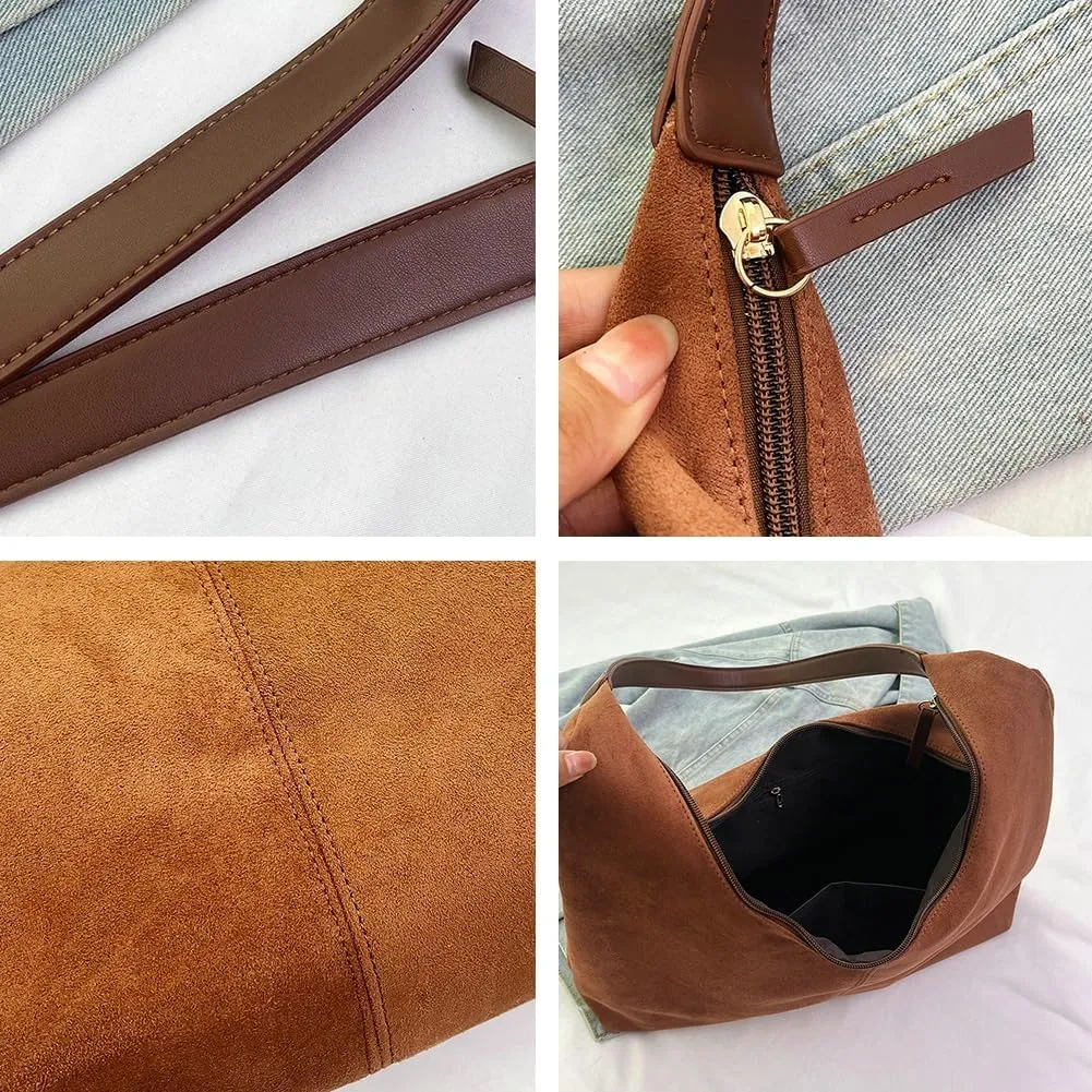 Suede Tote Bag for Women Shoulder Bag Retro Handbags Soft Satchel Stylish Large Two-piece Purse Work Travel