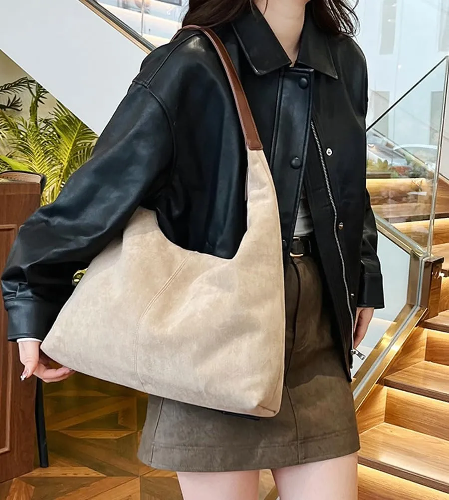 Suede Tote Bag for Women Shoulder Bag Retro Handbags Soft Satchel Stylish Large Two-piece Purse Work Travel