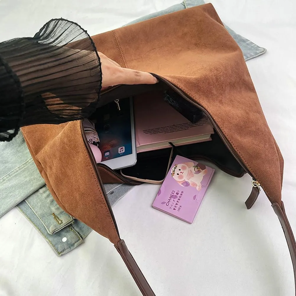 Suede Tote Bag for Women Shoulder Bag Retro Handbags Soft Satchel Stylish Large Two-piece Purse Work Travel