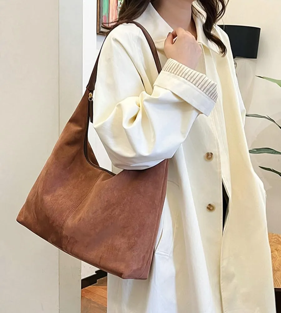 Suede Tote Bag for Women Shoulder Bag Retro Handbags Soft Satchel Stylish Large Two-piece Purse Work Travel