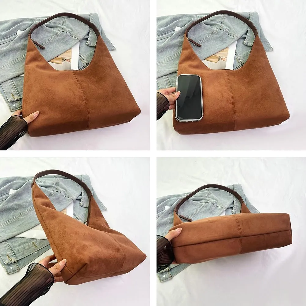 Suede Tote Bag for Women Shoulder Bag Retro Handbags Soft Satchel Stylish Large Two-piece Purse Work Travel