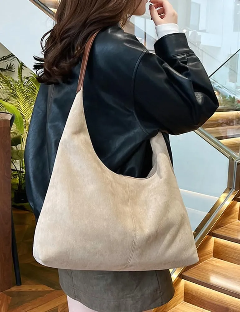 Suede Tote Bag for Women Shoulder Bag Retro Handbags Soft Satchel Stylish Large Two-piece Purse Work Travel