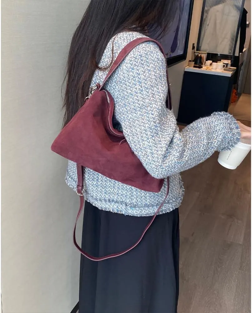 Suede Tote Bags for Women Genuine Leather Suede Purse Handbag Vintage Slouchy Hobo Shoulder Crossbody Bag