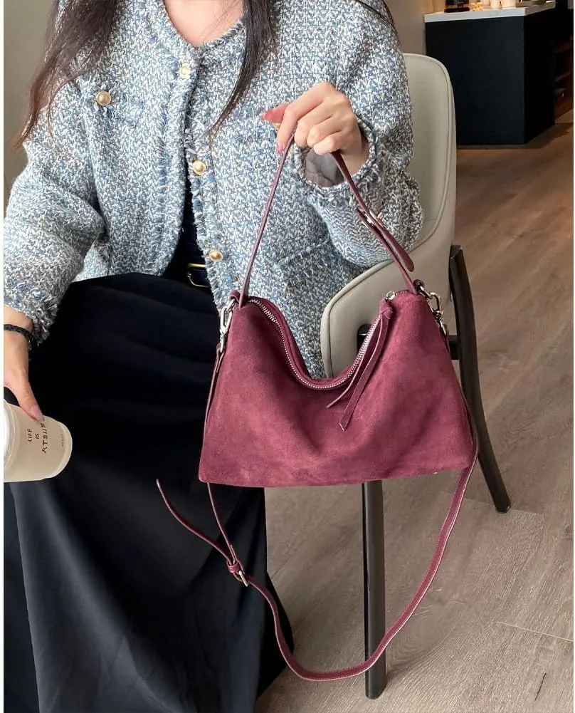 Suede Tote Bags for Women Genuine Leather Suede Purse Handbag Vintage Slouchy Hobo Shoulder Crossbody Bag