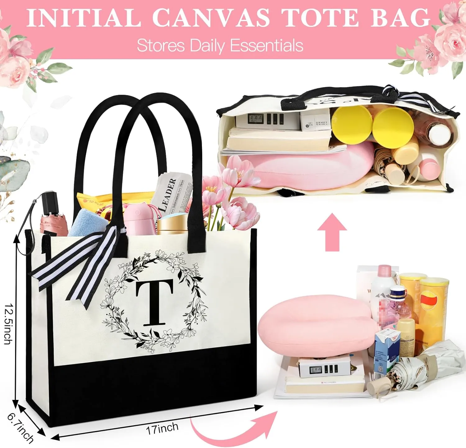 Suhctuptx Initial Birthday Gifts Women, Unique Personalized Birthday Gifts with Initial Canvas Tote Bag Reusable-Grocery-Bags