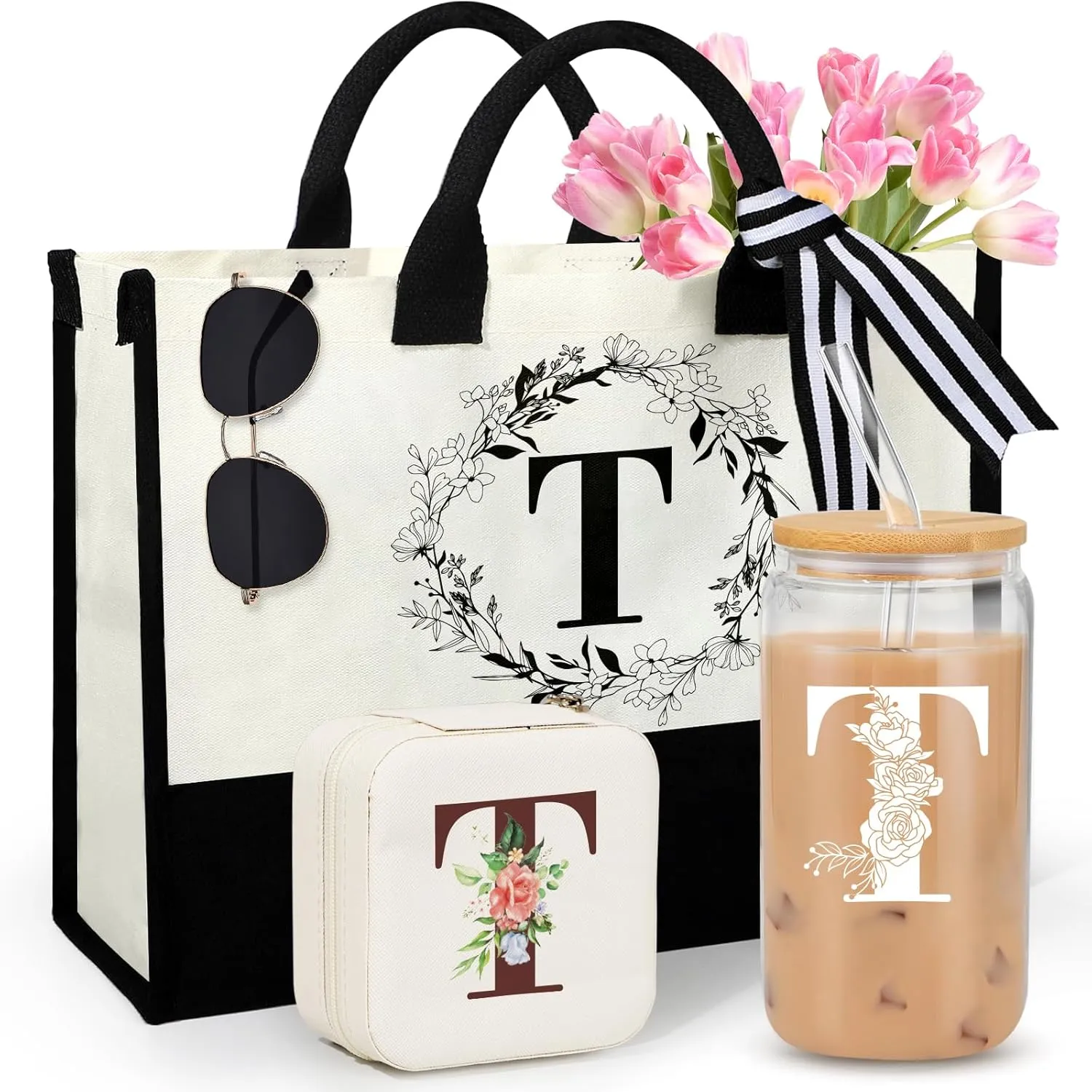 Suhctuptx Initial Birthday Gifts Women, Unique Personalized Birthday Gifts with Initial Canvas Tote Bag Reusable-Grocery-Bags