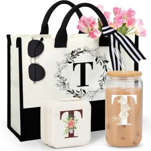 Suhctuptx Initial Birthday Gifts Women, Unique Personalized Birthday Gifts with Initial Canvas Tote Bag Reusable-Grocery-Bags