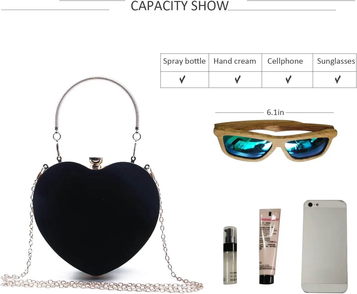 SUKUTU Womens Heart Shape Evening Bag Purse Velvet Party Tote Mini Handbag Clutch Chain Clear Shoulder Bag