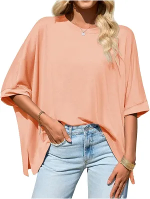 Summer Tops for Women Casual Loose Short Sleeve Round Neck Solid Color Split T-Shirt Tops Tshirts Shirts, S-2XL