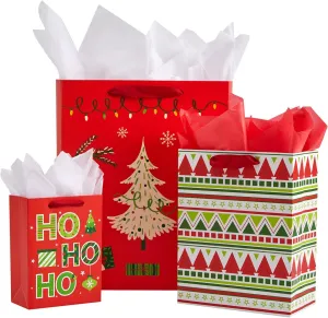 SUNCOLOR 9 Pack Christmas Gift Bags Assorted Sizes With Tissue paper (3 Large 13", 3 Medium 9", 3 Small 6")