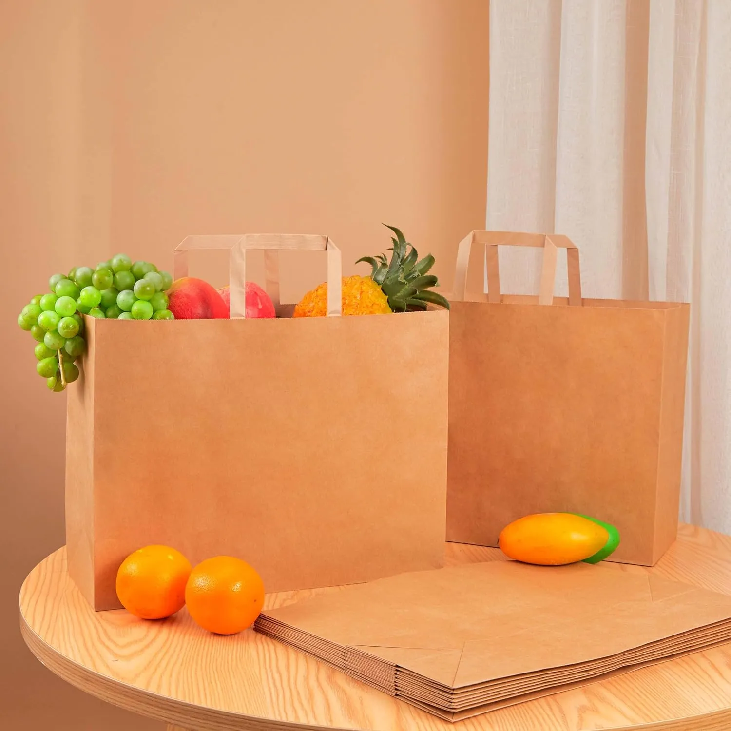 SUNCOLOR Brown Reusable Paper Bags with Handles - 50 Pack - 16x6x12 Inches - Large Shopping & Gift Bags - Kraft Construction
