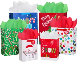 SUNCOLOR Pack of 12 Christmas Gift Bags Assorted Sizes With Tissue paper (4 Extra Large 16", 4 Large 12", 4 Medium 9")