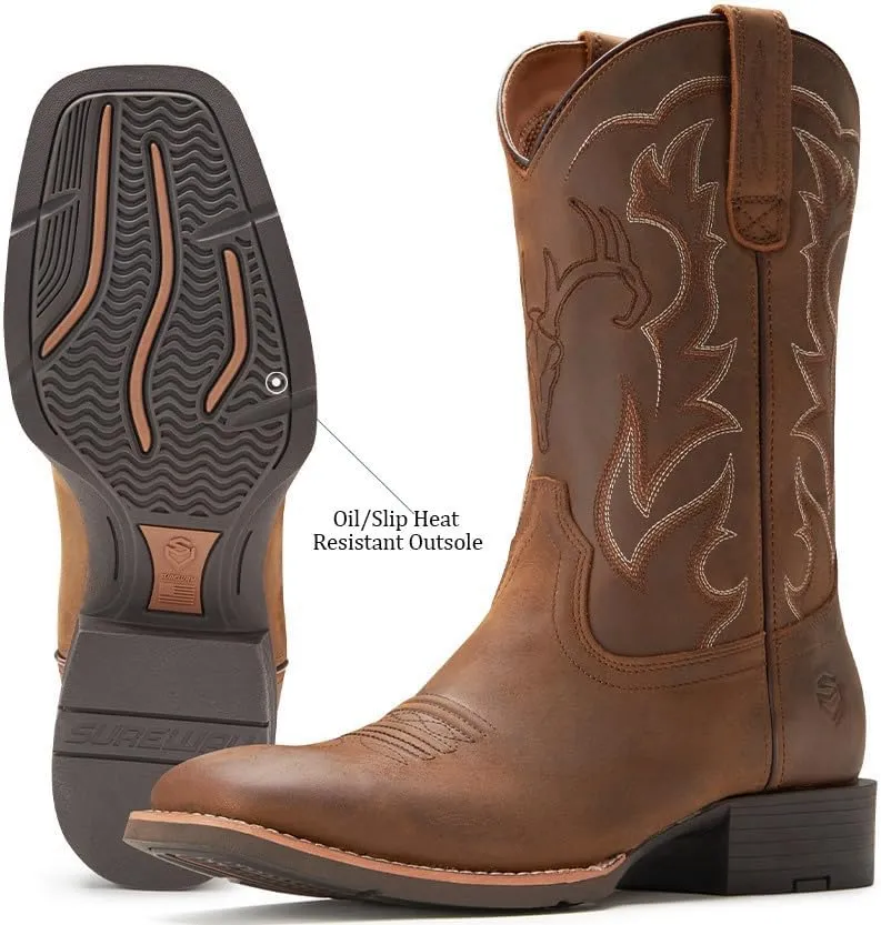 SUREWAY Cowboy Boots For Men - Mens Sport Wide Square Toe Western Boot,Oil/Slip Resistant,Durable Fashionable Classic Pull on 10 Inch Leather Wellington Boots