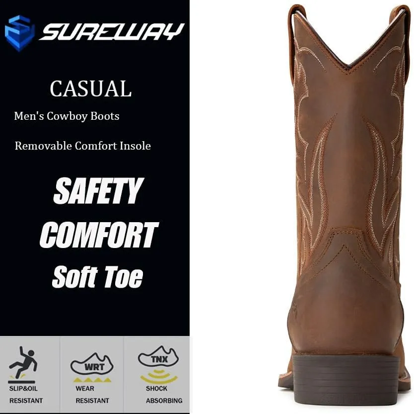 SUREWAY Cowboy Boots For Men - Mens Sport Wide Square Toe Western Boot,Oil/Slip Resistant,Durable Fashionable Classic Pull on 10 Inch Leather Wellington Boots