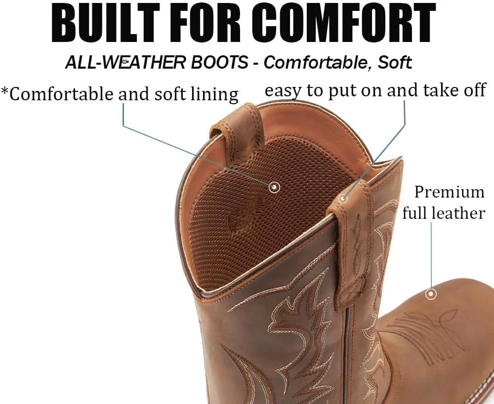 SUREWAY Cowboy Boots For Men - Mens Sport Wide Square Toe Western Boot,Oil/Slip Resistant,Durable Fashionable Classic Pull on 10 Inch Leather Wellington Boots