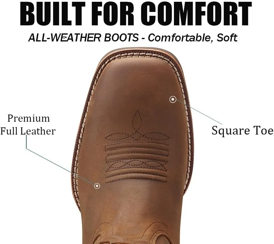 SUREWAY Cowboy Boots For Men - Mens Sport Wide Square Toe Western Boot,Oil/Slip Resistant,Durable Fashionable Classic Pull on 10 Inch Leather Wellington Boots