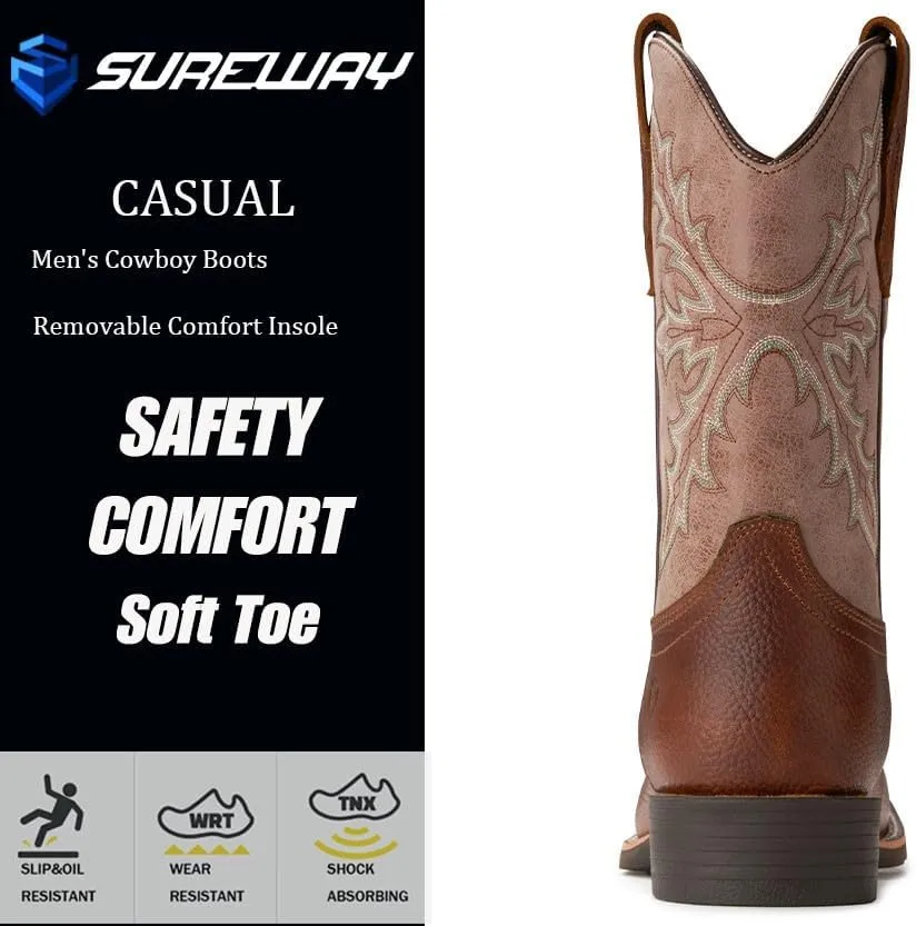 SUREWAY Cowboy Boots For Men - Mens Square Toe Western Boot,Oil/Slip Resistant,Durable Fashionable Classic Pull on 10 Inch Boots,Mid Calf Soft toe Wellington Boots