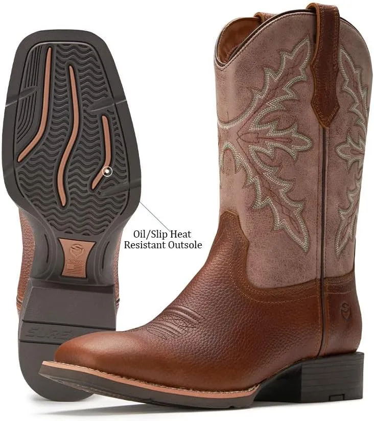 SUREWAY Cowboy Boots For Men - Mens Square Toe Western Boot,Oil/Slip Resistant,Durable Fashionable Classic Pull on 10 Inch Boots,Mid Calf Soft toe Wellington Boots