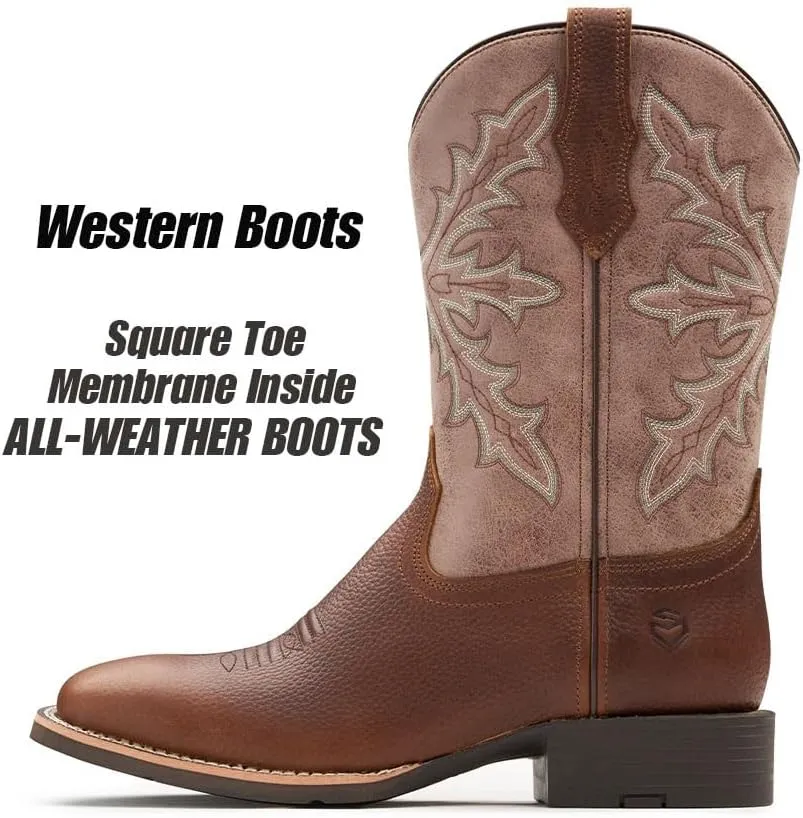 SUREWAY Cowboy Boots For Men - Mens Square Toe Western Boot,Oil/Slip Resistant,Durable Fashionable Classic Pull on 10 Inch Boots,Mid Calf Soft toe Wellington Boots