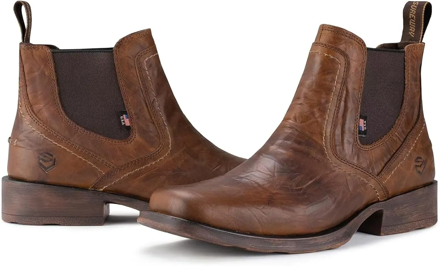 SUREWAY Mens Western Chelsea Cowboy Boots for Men Square Toe,All-Weather Rugged Slip-On Work/Casual/Dress Boots Shoes for Men,Built for Comfort & Durability