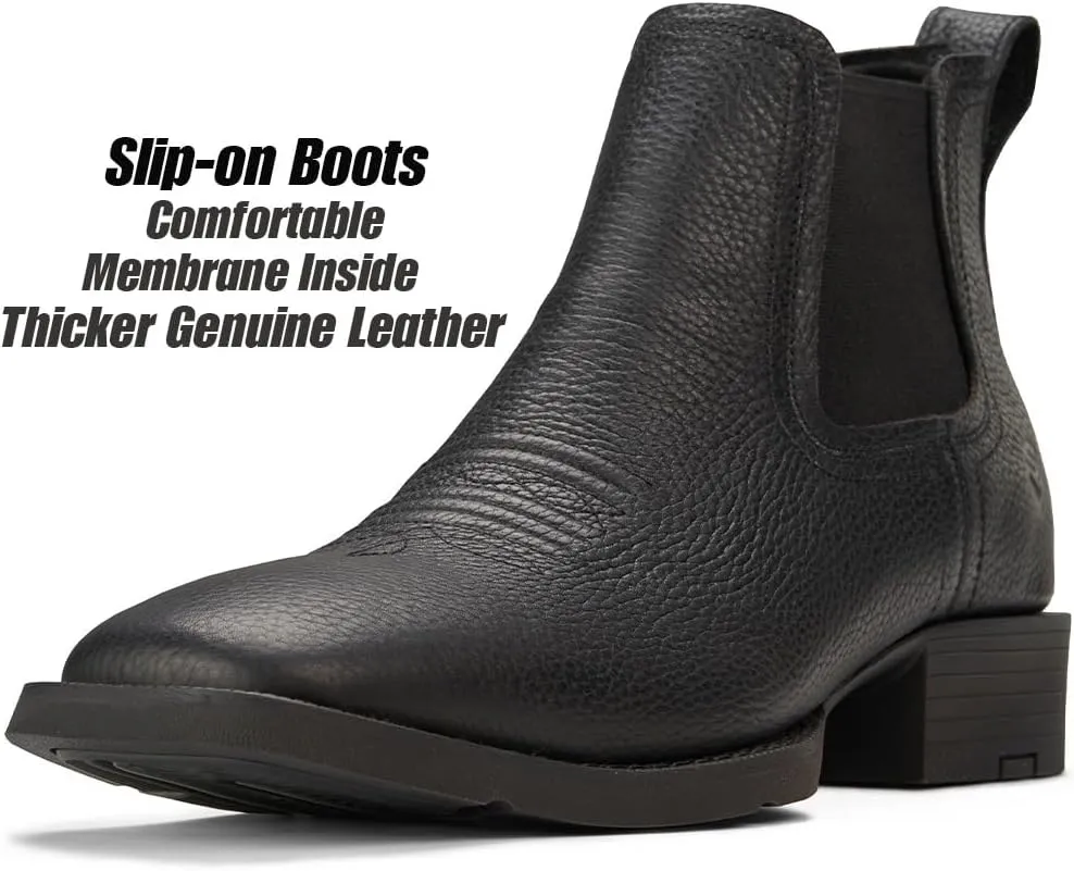 SUREWAY Mens Western Chelsea Cowboy Boots for Men Square Toe,Rugged Slip-On Work/Casual/Dress Boots for Men,Comfort Slip Resistant Ankle Leather Boots
