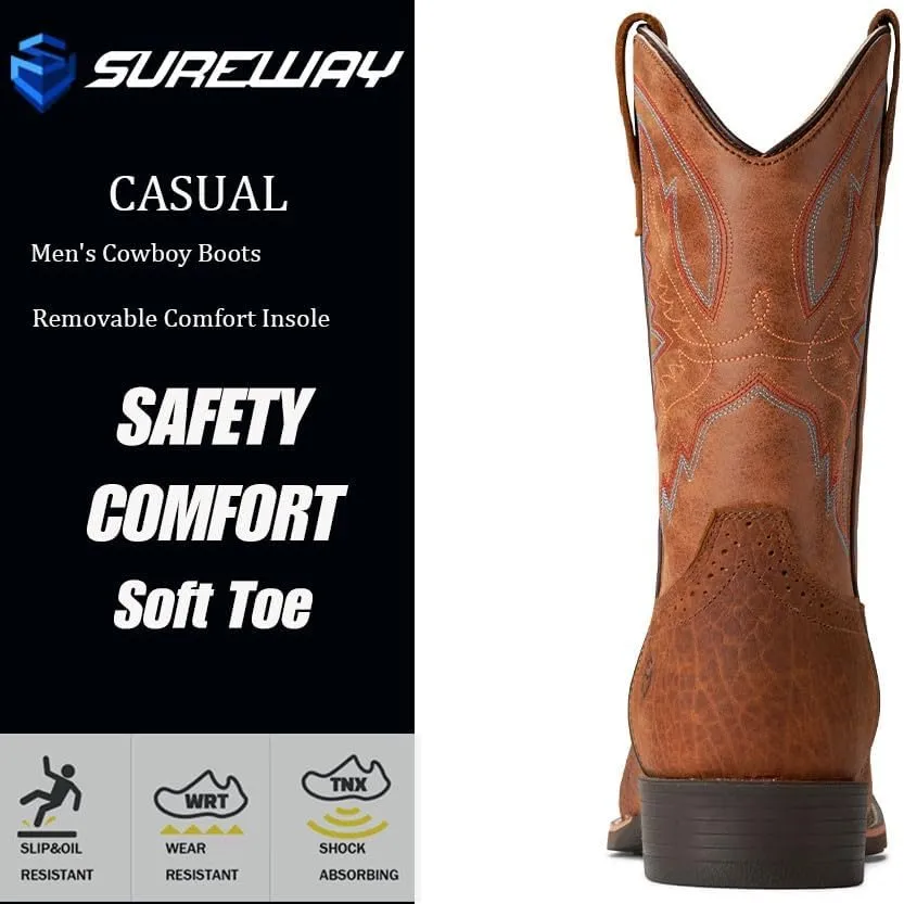 SUREWAY Western Boots For Men - Mens Square Toe Cowboy Boot,Oil/Slip Resistant,Durable Fashionable Classic Pull on 10 Inch Wellington Boots - Soft Toe Work Boots