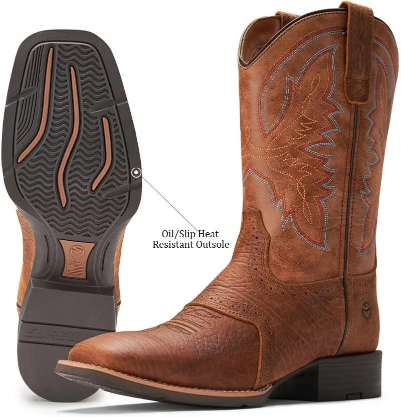 SUREWAY Western Boots For Men - Mens Square Toe Cowboy Boot,Oil/Slip Resistant,Durable Fashionable Classic Pull on 10 Inch Wellington Boots - Soft Toe Work Boots