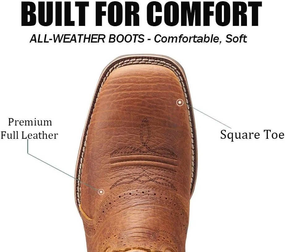 SUREWAY Western Boots For Men - Mens Square Toe Cowboy Boot,Oil/Slip Resistant,Durable Fashionable Classic Pull on 10 Inch Wellington Boots - Soft Toe Work Boots